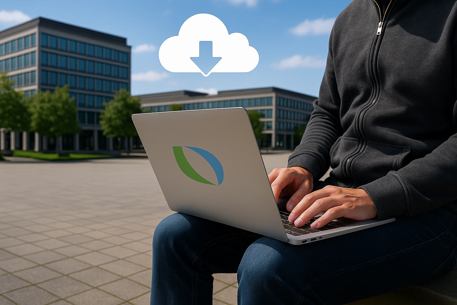 Person sitting in a business plaza in Milton Keynes typing on a laptop with a safe data storage logo, a cloud download icon above, symbolising cloud and data backup services.