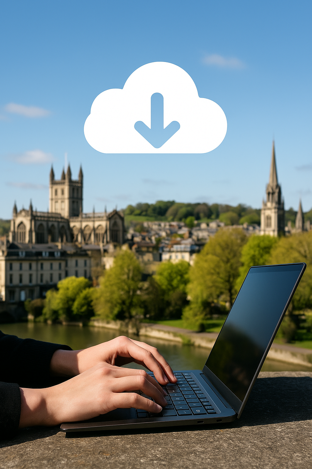 Person typing on a laptop outdoors with Bath Abbey in the background and a cloud download icon above, representing cloud and data backup in Bath.