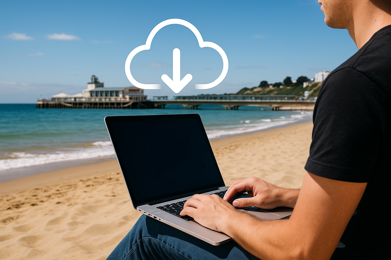 Person using a laptop on Bournemouth Beach with the pier in the background and a cloud download icon above, representing cloud and data backup in Bournemouth.