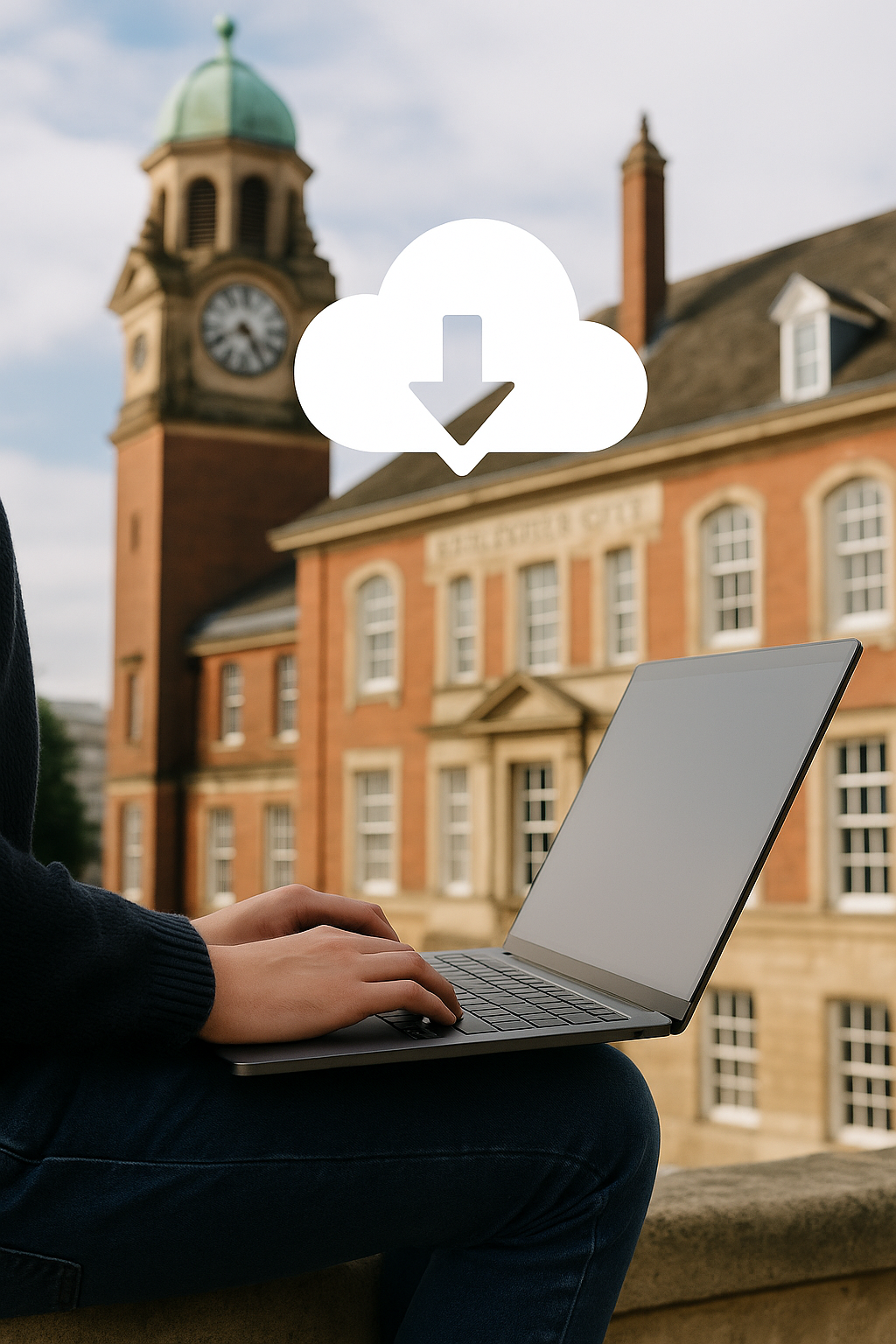 Person using a laptop near Leicester City Council building with a cloud download icon above, symbolising cloud and data backup in Leicester.