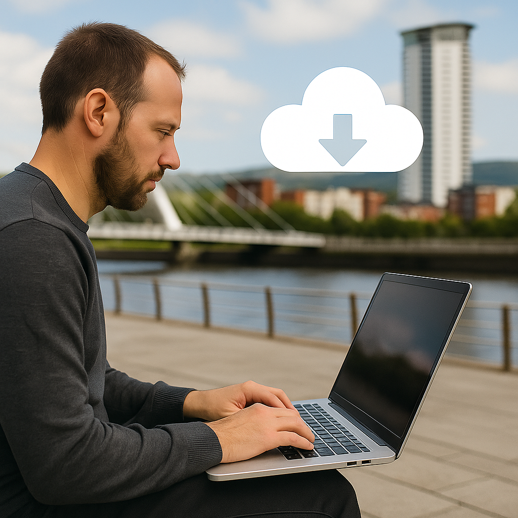 Man sitting near the Swansea waterfront using a laptop with a cloud download icon above, symbolising cloud and data backup in Swansea.