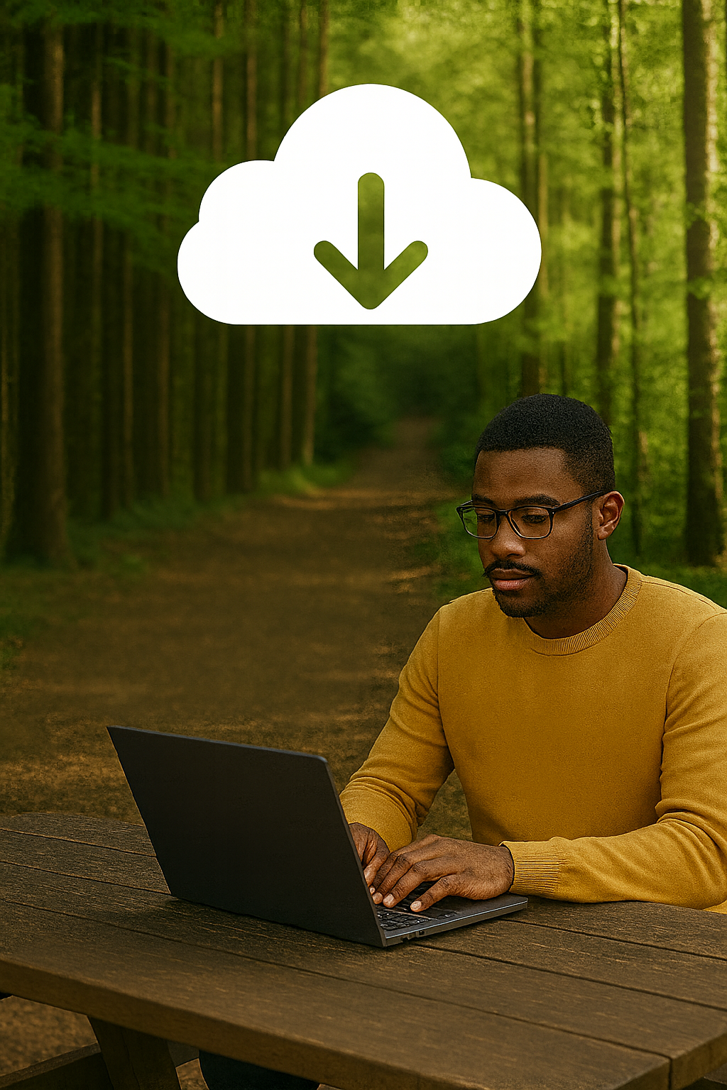 Man working on a laptop at a wooden table in a Surrey forest with a white cloud download icon above, symbolising secure data backup services.