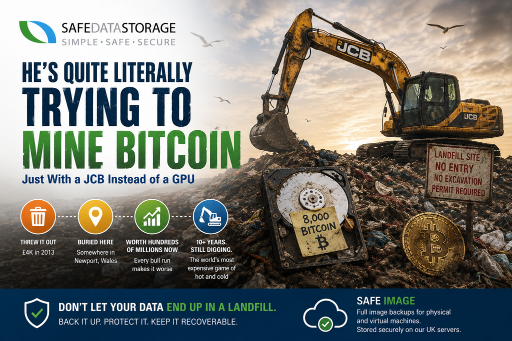 Excavator digging through a landfill next to a muddy hard drive labelled 8,000 Bitcoin, illustrating the James Howells lost Bitcoin landfill story
