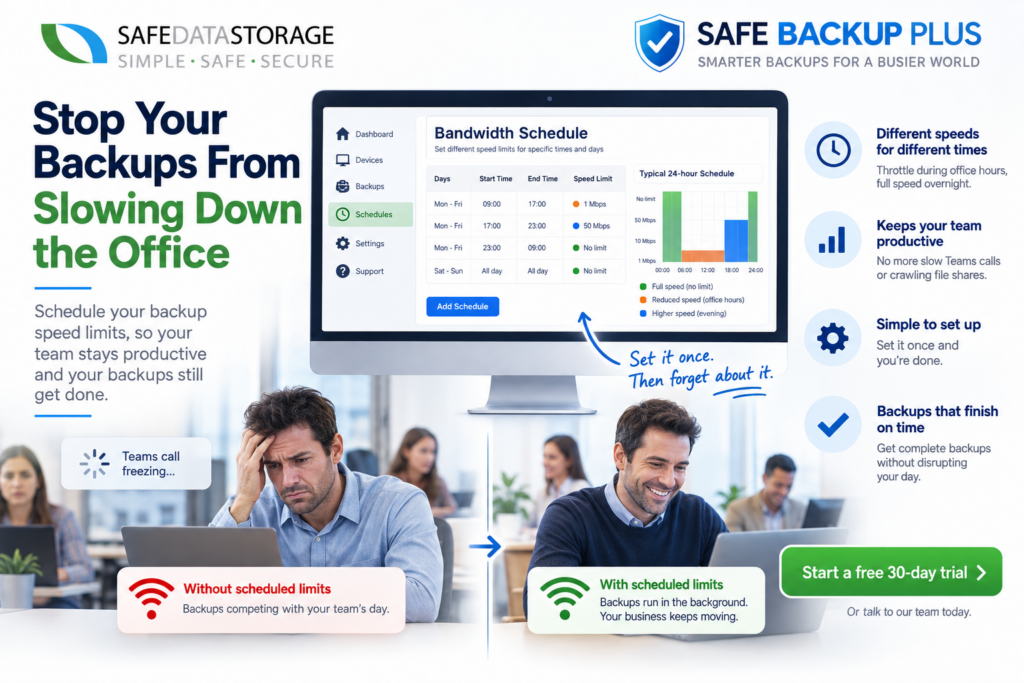 Scheduling backup speed limits in SAFE Backup PLUS by time and day so backups run full speed overnight