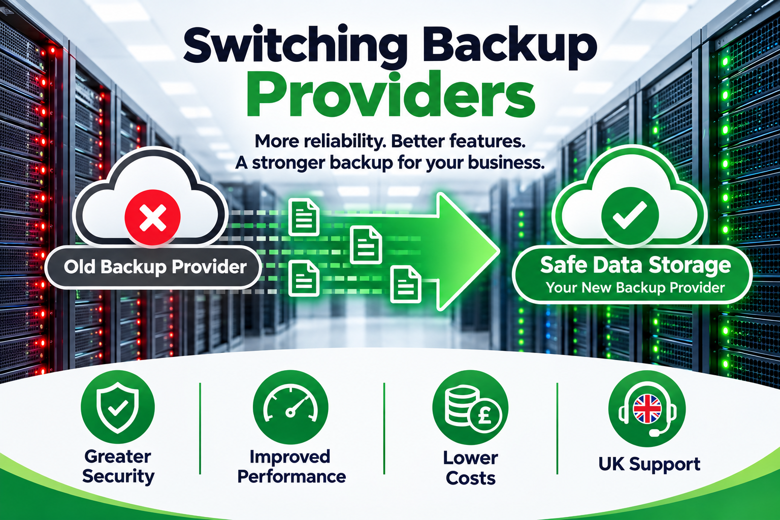 Diagram showing switching backup providers from an old provider to SAFE Data Storage as the new provider, with benefits: greater security, improved performance, lower costs, better support